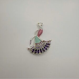 Purple and Pink Peacock Brooch with Silver-Toned Details